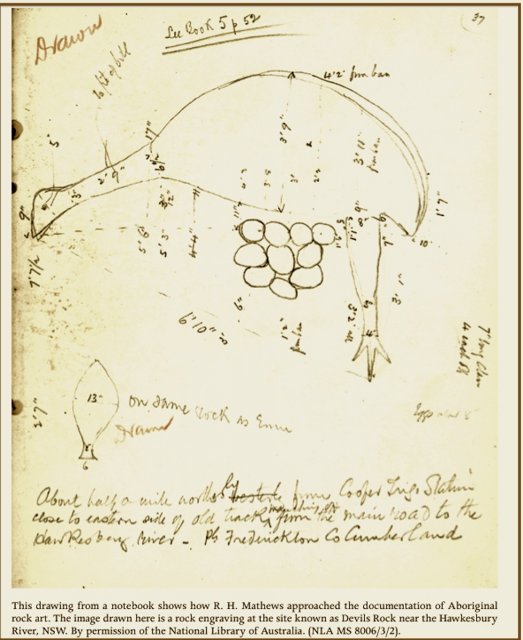 R.H. Mathews' drawing of rock engraving at Devils Rock, Hawkesbury River c1890. NLA